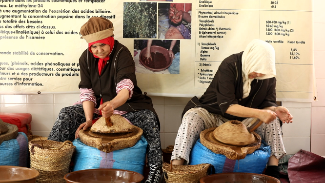 摩洛哥农贸市场里制作阿甘油的女性 