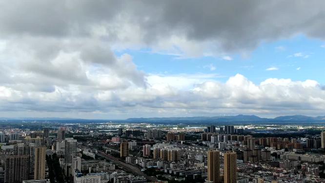 湖北荆门晴空万里城市航拍延时