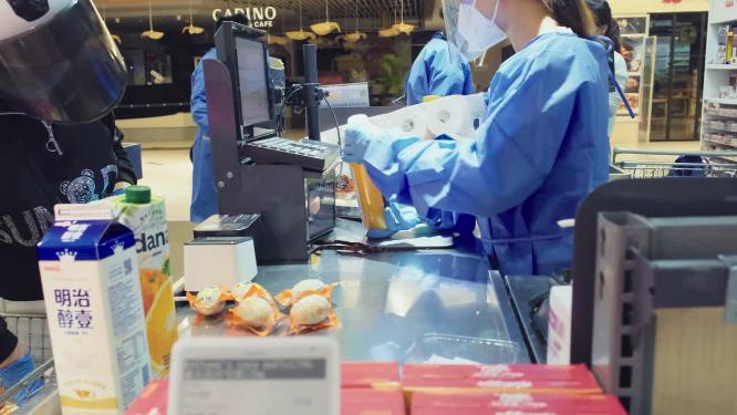 新冠疫情期间的超市收银台一组镜头