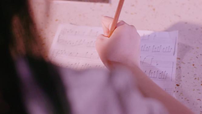 女学生写乐谱五线谱音符谱曲作曲乐章创作