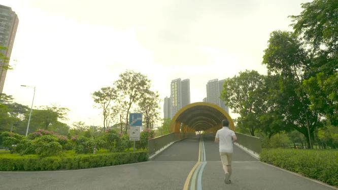 男子晨跑晨练跑步背影天桥绿道慢跑减肥锻炼