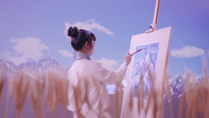 唯美文艺女孩珠穆朗玛峰雪山下写生画画空镜