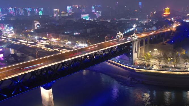 武汉-长江大桥夜景航拍延时摄影