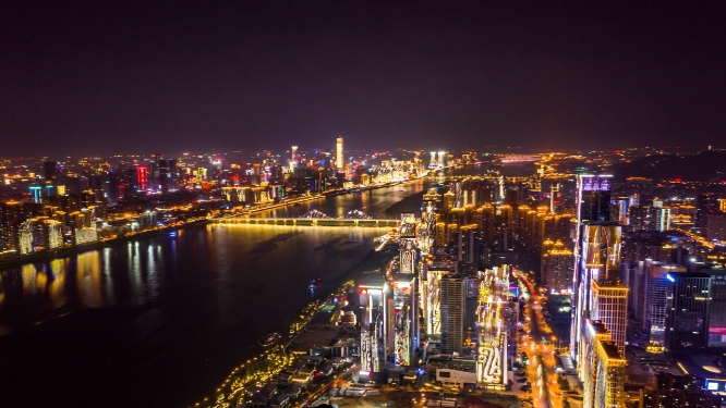 长沙一江两岸夜景灯光秀航拍延时