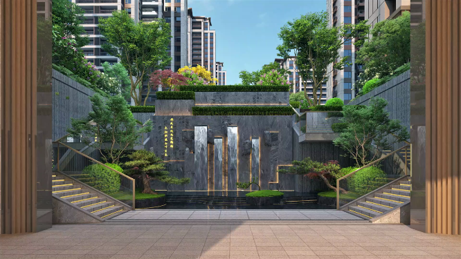 新中式入户大堂园林景观效果