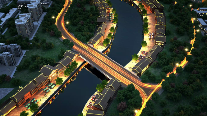 航拍沿江商业建筑夜景三维动画