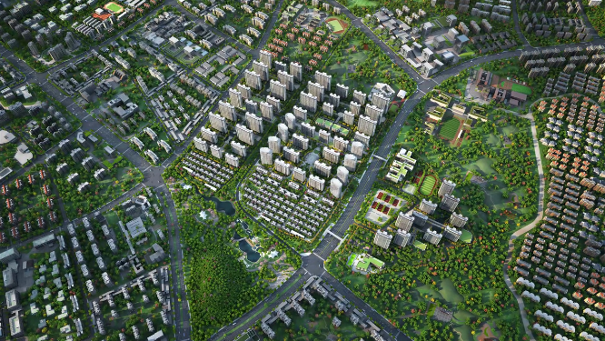 俯拍高端住宅小区大场景三维动画