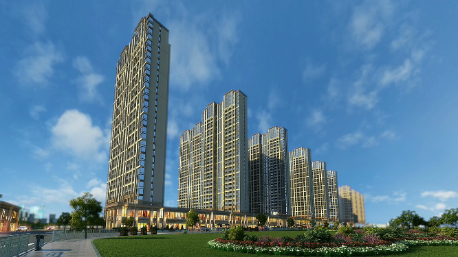仰拍高层洋楼外景三维动画