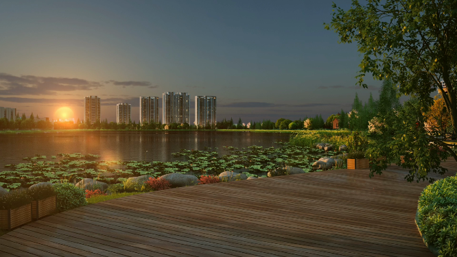 唯美夕阳江景房大场景三维动画