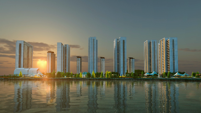 唯美夕阳江景房大场景三维动画