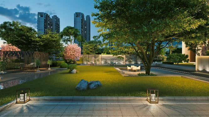 小区新中式园林景观漫游镜头
