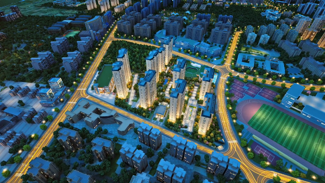俯拍地产建筑区位夜景三维动画