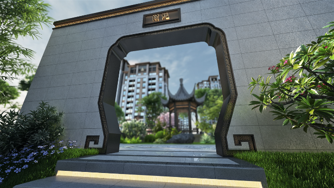 新中式小区拱门庭院景观三维动画