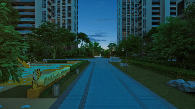 小区步道园林景观夜景三维动画