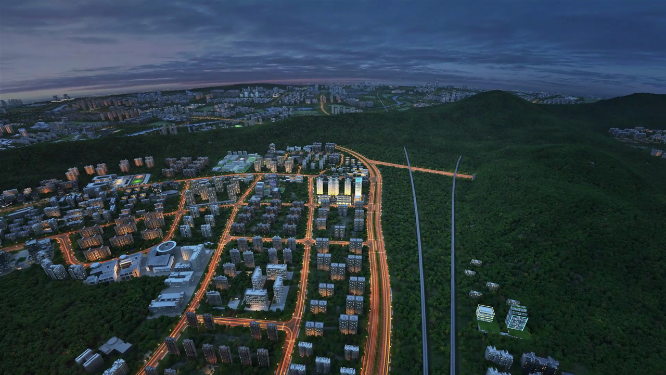 俯拍地产建筑夜景区位三维动画