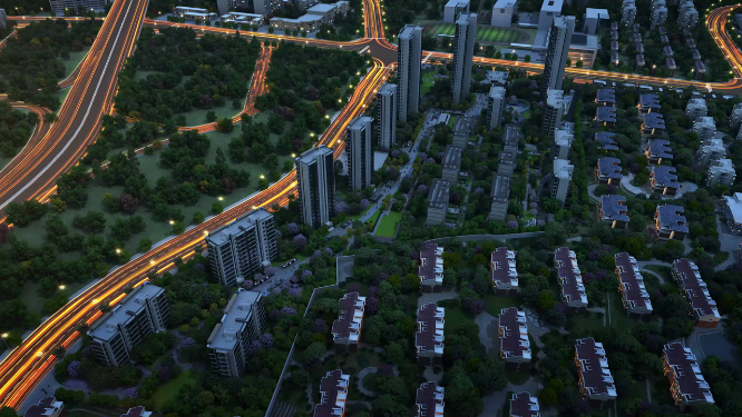 鸟瞰地产建筑区位夜景动画素材