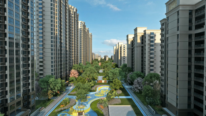 航拍住宅小区园林景观动画
