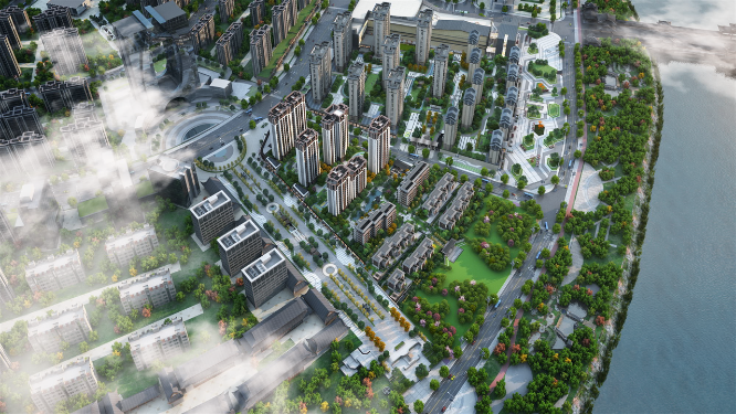 空中俯瞰城市交通建筑三维