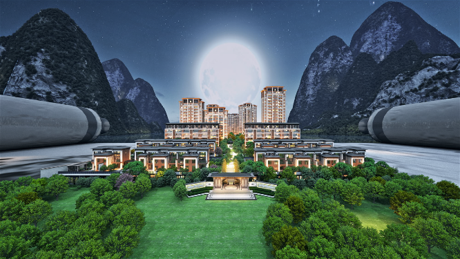 山水卷轴创意展示山间别墅动画