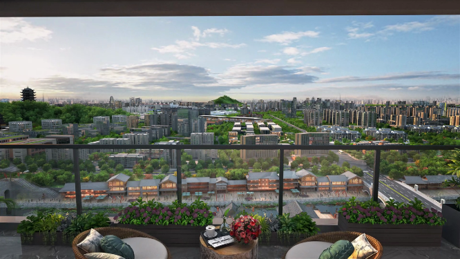 新中式高层阳台景观三维效果