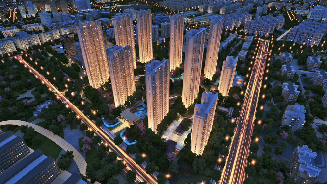 鸟瞰地产建筑区位夜景动画素材