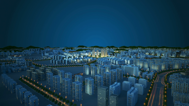 航拍地产蓝色建筑区位三维动画