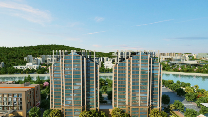 俯拍江景房玻璃外立面动画素材