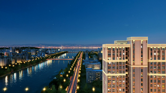 高端江景房建筑夜景动画素材