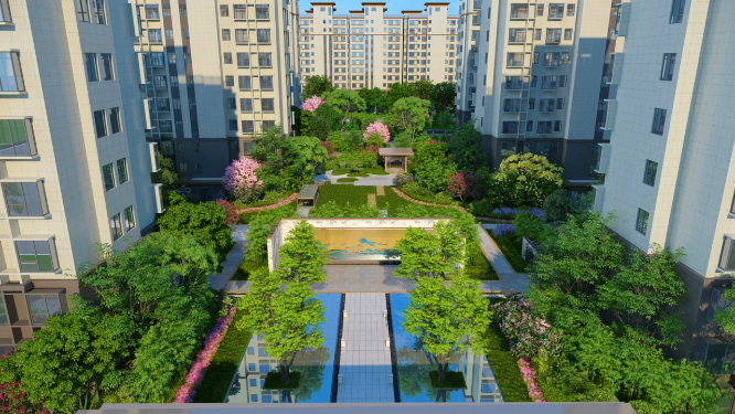 俯拍小区中庭园林景观三维动画