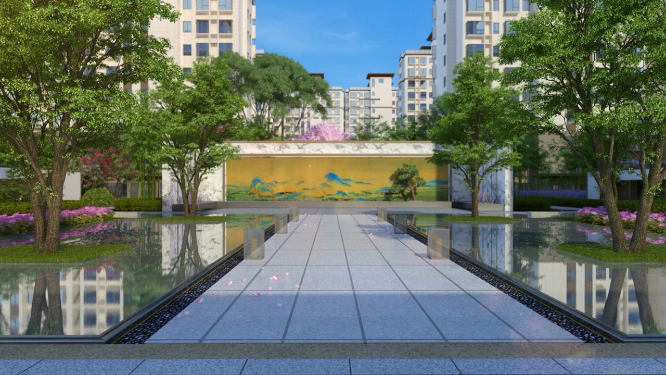 小区新中式水景园林动画漫游