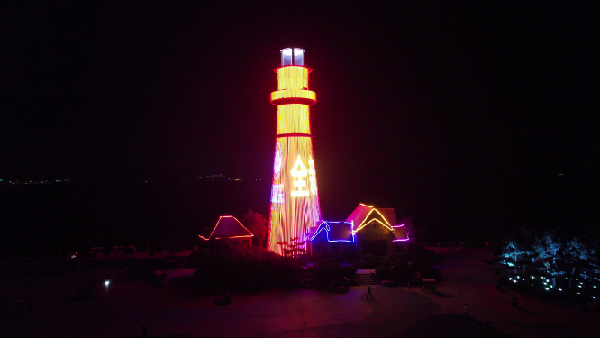航拍环绕威海悦海广场灯塔夜景