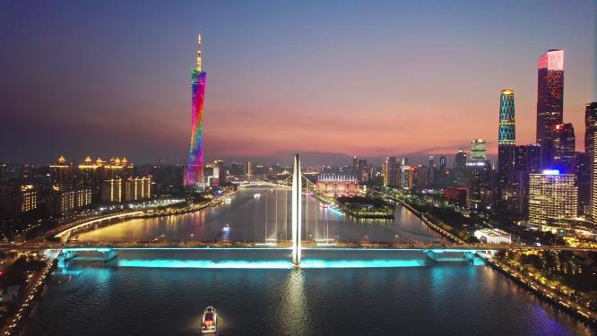 航拍珠江晚霞和琶洲新城夜景