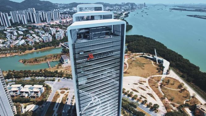 航拍广州南沙金茂湾和海湾红树林