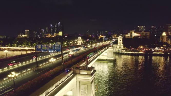 航拍广州人民桥夜景和车流