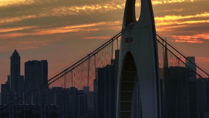 长焦航拍广州珠江新城夕阳