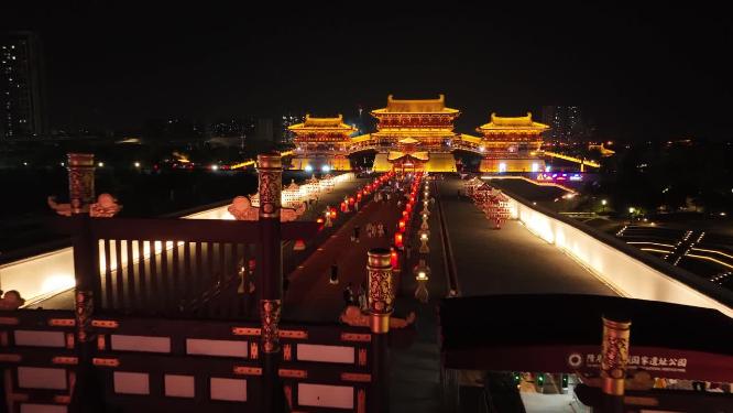 航拍河南洛阳九洲池遗址景区夜景
