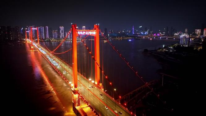 航拍武汉鹦鹉洲长江大桥夜景