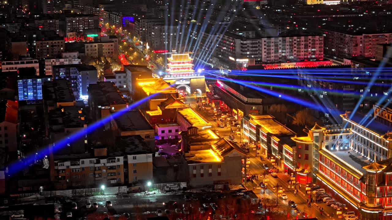 航拍沈阳方城灯光秀夜景