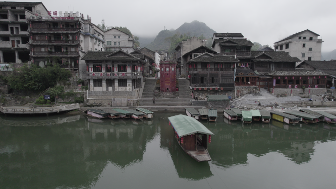 云瑶山特色建筑河流船只自然风光素材