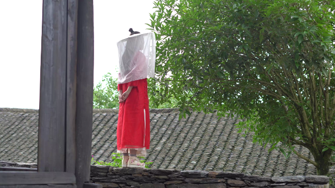 红衣蒙面女伫立眺望