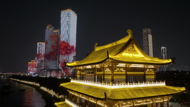 4K长沙杜甫江阁夜景航拍