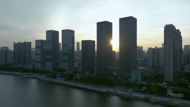 4K长沙城市万达广场日出航拍