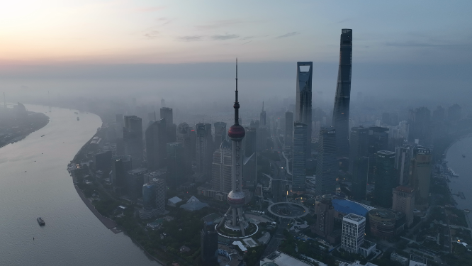 航拍中国上海凌晨外滩陆家嘴日出时刻