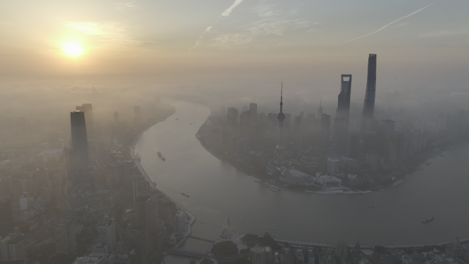 航拍中国上海外滩浦东黄浦江日出