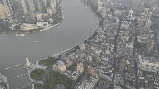 航拍中国上海白天日间外滩万国建筑群黄浦江