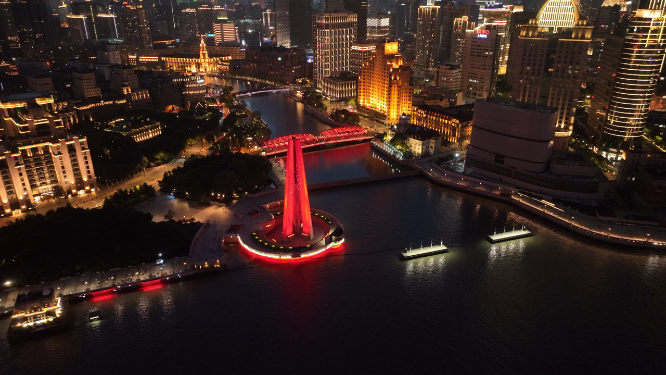 航拍中国上海外白渡桥和人民英雄纪念碑夜景