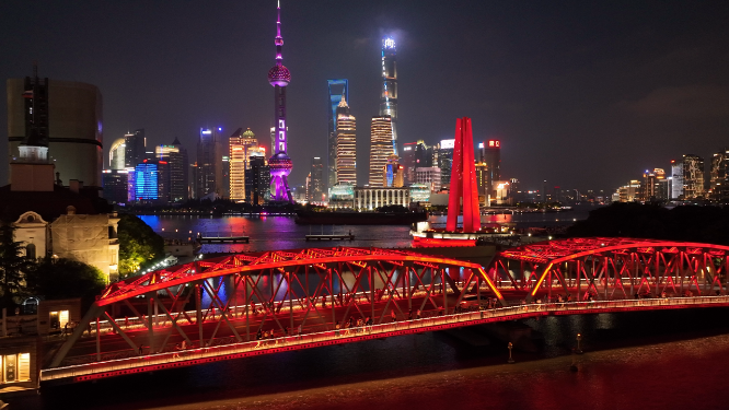 航拍中国上海外白渡桥和人民英雄纪念碑夜景