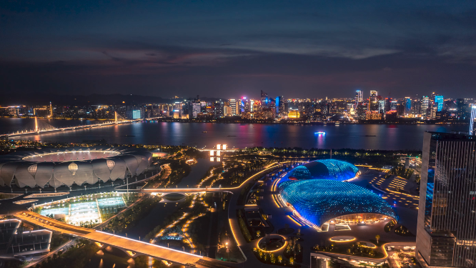 杭州奥体中心夜景航拍延时