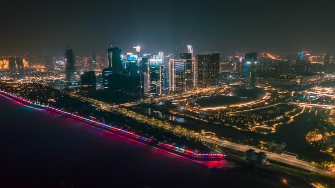 高速发展的杭州滨江夜景航拍