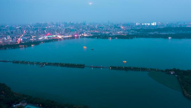 西湖白堤周边繁华夜景航拍延时